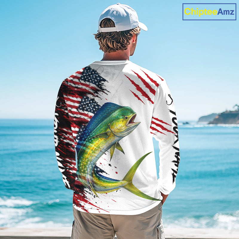 Mahi Mahi Fishing Jersey Design American Flag Long Sleeve Fishing Shirt For Men NHT1458