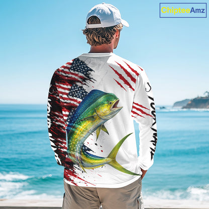 Mahi Mahi Fishing Jersey Design American Flag Long Sleeve Fishing Shirt For Men NHT1458