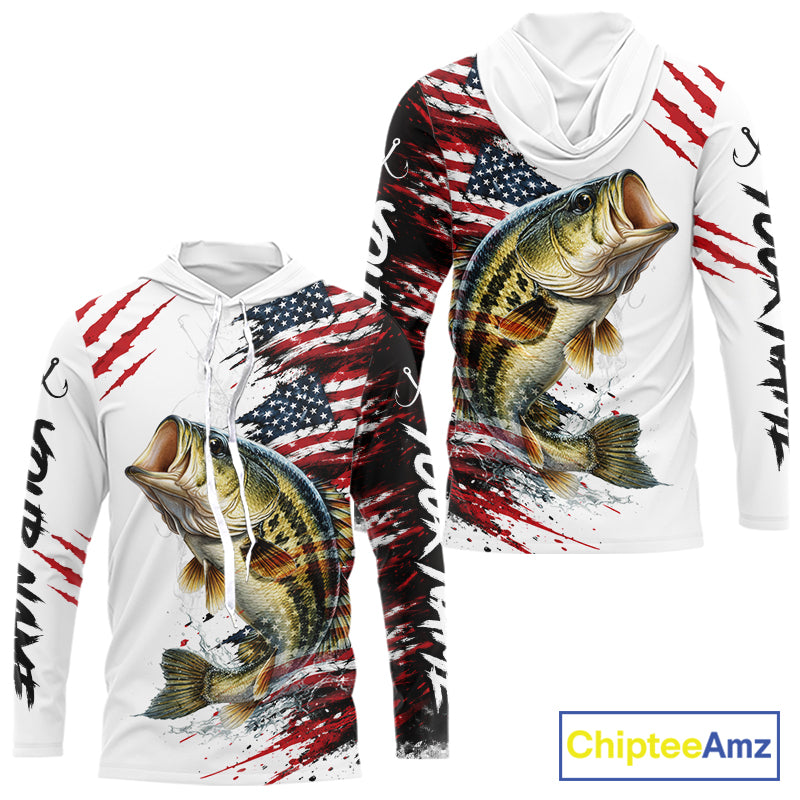 Largemouth Bass Fishing Jersey Design American Flag Long Sleeve Hooded Fishing Shirt For Men NHT1459
