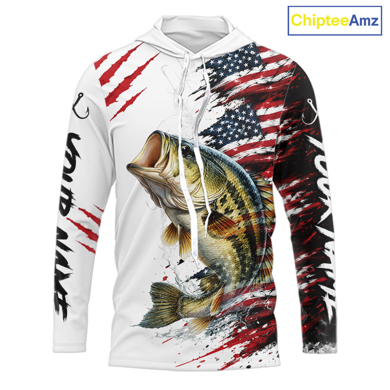 Largemouth Bass Fishing Jersey Design American Flag Long Sleeve Hooded Fishing Shirt For Men NHT1459