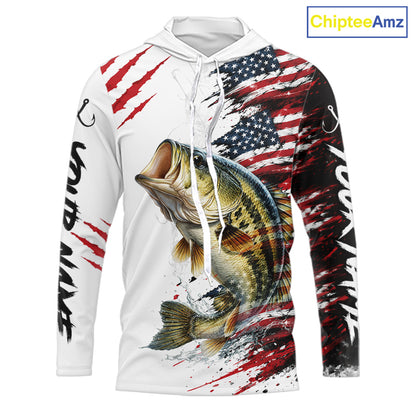 Largemouth Bass Fishing Jersey Design American Flag Long Sleeve Hooded Fishing Shirt For Men NHT1459