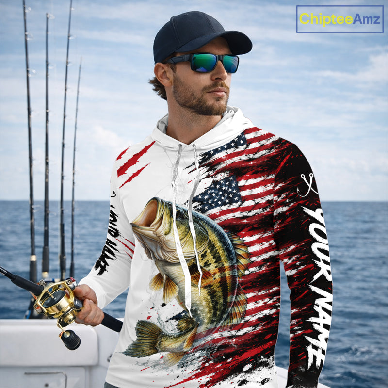 Largemouth Bass Fishing Jersey Design American Flag Long Sleeve Hooded Fishing Shirt For Men NHT1459