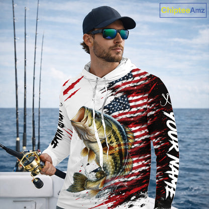 Largemouth Bass Fishing Jersey Design American Flag Long Sleeve Hooded Fishing Shirt For Men NHT1459