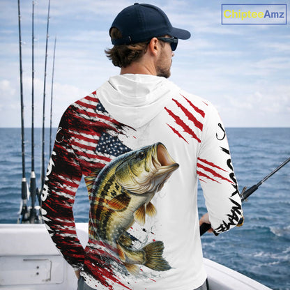 Largemouth Bass Fishing Jersey Design American Flag Long Sleeve Hooded Fishing Shirt For Men NHT1459
