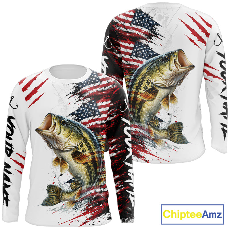 Largemouth Bass Fishing Jersey Design American Flag Long Sleeve Fishing Shirt For Men NHT1459