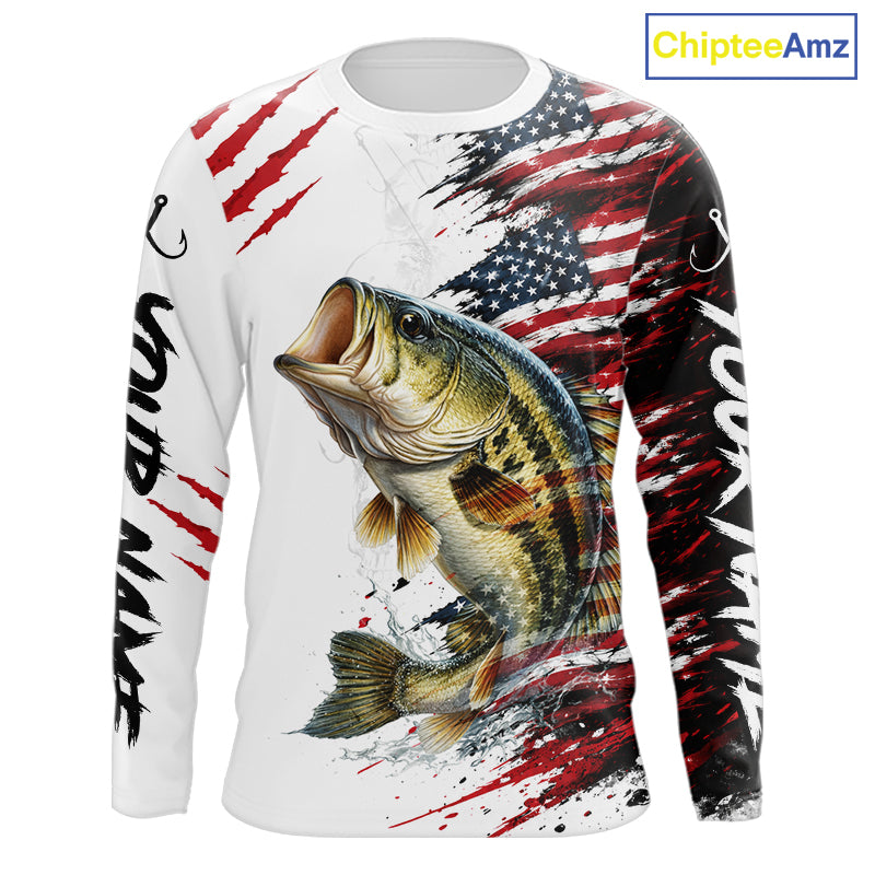 Largemouth Bass Fishing Jersey Design American Flag Long Sleeve Fishing Shirt For Men NHT1459