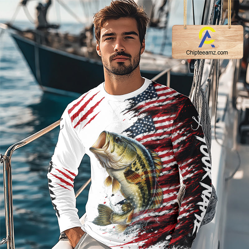 Largemouth Bass Fishing Jersey Design American Flag Long Sleeve Fishing Shirt For Men NHT1459
