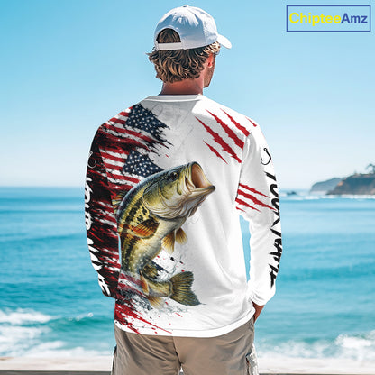 Largemouth Bass Fishing Jersey Design American Flag Long Sleeve Fishing Shirt For Men NHT1459