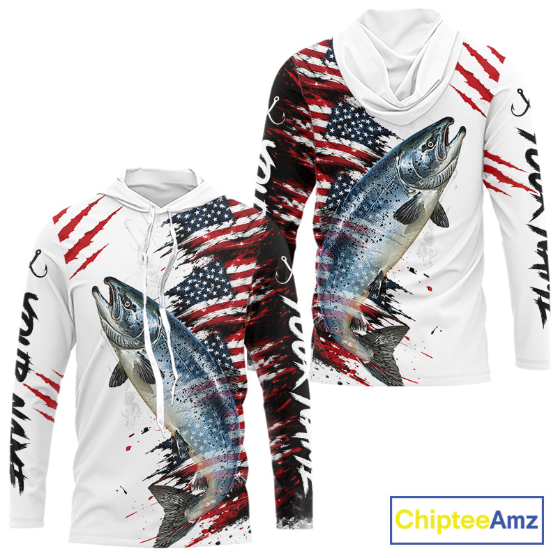 Chinook Salmon Fishing Jersey Design American Flag Long Sleeve Hooded Fishing Shirt For Men NHT1460
