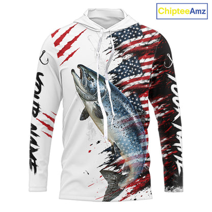 Chinook Salmon Fishing Jersey Design American Flag Long Sleeve Hooded Fishing Shirt For Men NHT1460