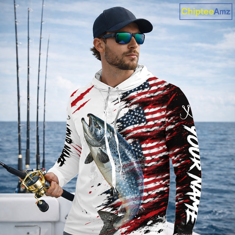Chinook Salmon Fishing Jersey Design American Flag Long Sleeve Hooded Fishing Shirt For Men NHT1460