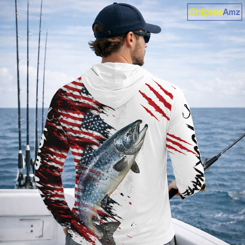 Chinook Salmon Fishing Jersey Design American Flag Long Sleeve Hooded Fishing Shirt For Men NHT1460
