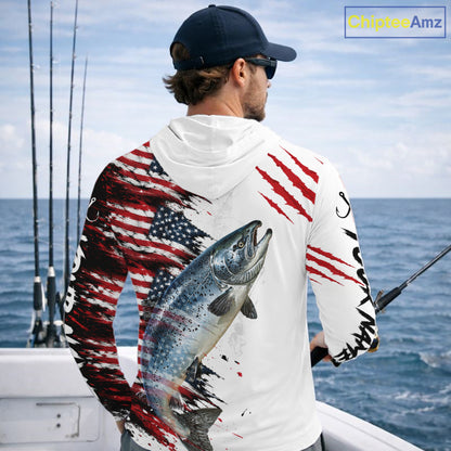 Chinook Salmon Fishing Jersey Design American Flag Long Sleeve Hooded Fishing Shirt For Men NHT1460