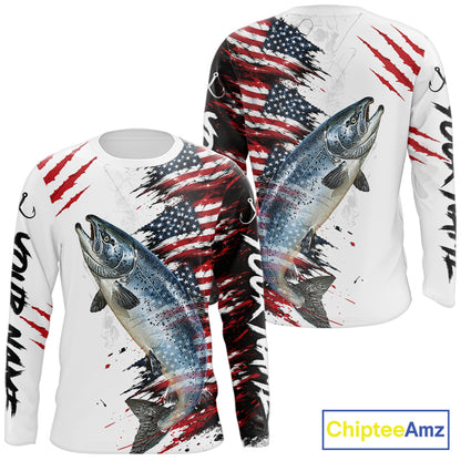 Chinook Salmon Fishing Jersey Design American Flag Long Sleeve Fishing Shirt For Men NHT1460