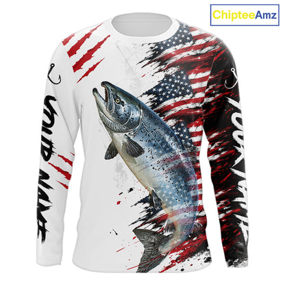Chinook Salmon Fishing Jersey Design American Flag Long Sleeve Fishing Shirt For Men NHT1460