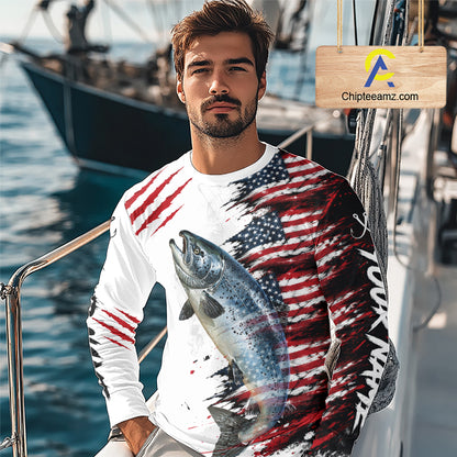 Chinook Salmon Fishing Jersey Design American Flag Long Sleeve Fishing Shirt For Men NHT1460