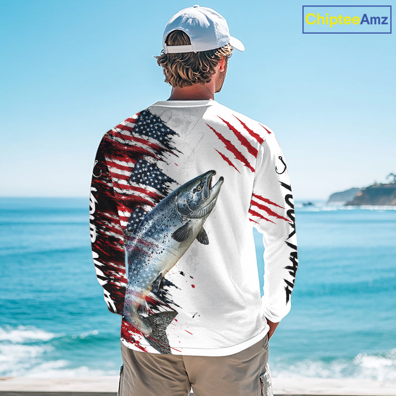 Chinook Salmon Fishing Jersey Design American Flag Long Sleeve Fishing Shirt For Men NHT1460