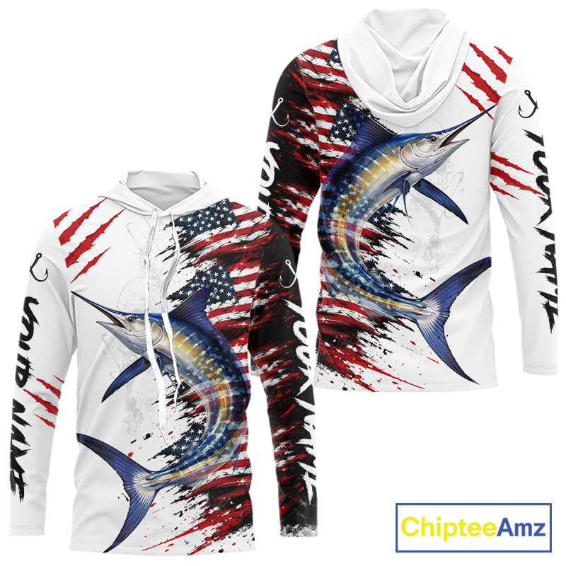 Marlin Fishing Jersey Design American Flag Long Sleeve Hooded Fishing Shirt For Men NHT1461