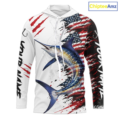 Marlin Fishing Jersey Design American Flag Long Sleeve Hooded Fishing Shirt For Men NHT1461
