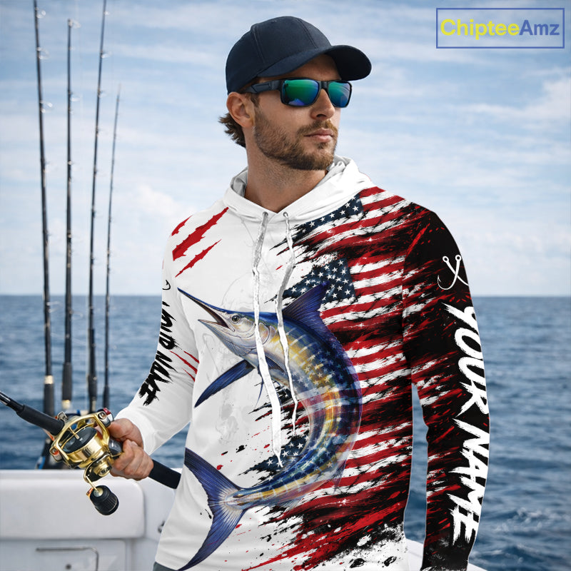 Marlin Fishing Jersey Design American Flag Long Sleeve Hooded Fishing Shirt For Men NHT1461