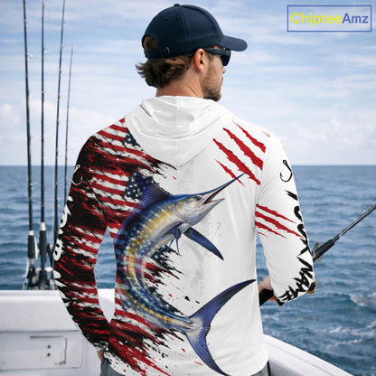 Marlin Fishing Jersey Design American Flag Long Sleeve Hooded Fishing Shirt For Men NHT1461