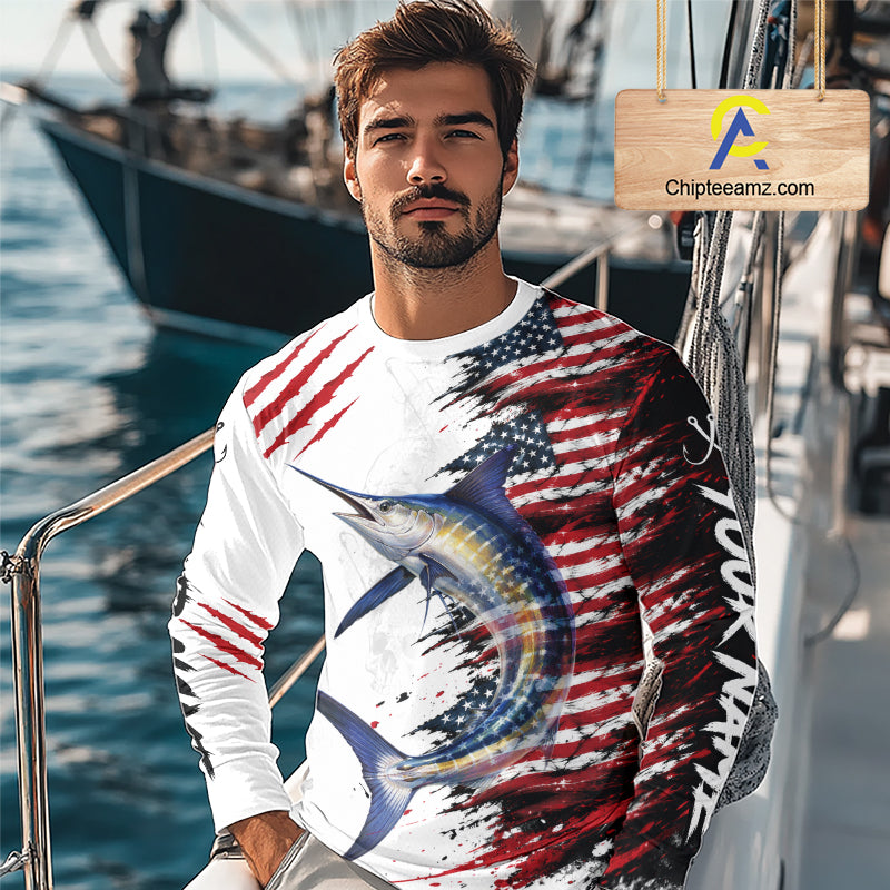 Marlin Fishing Jersey Design American Flag Long Sleeve Fishing Shirt For Men NHT1461