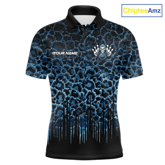 Personalized Blue Fire Skull Bowling Polo Shirt & Quarter Zip With Custom Team Name For Men NHT1625