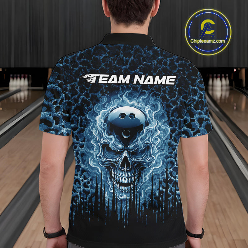 Personalized Blue Fire Skull Bowling Polo Shirt & Quarter Zip With Custom Team Name For Men NHT1625