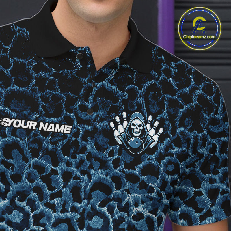 Personalized Blue Fire Skull Bowling Polo Shirt & Quarter Zip With Custom Team Name For Men NHT1625