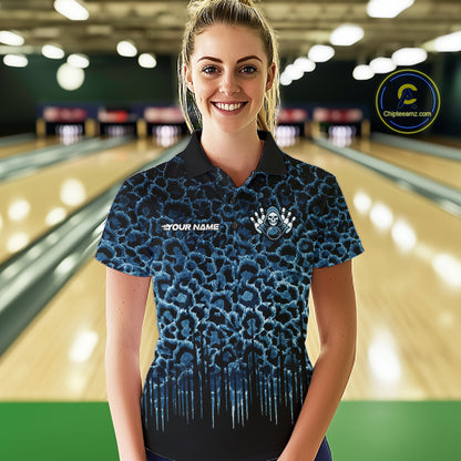 Personalized Blue Fire Skull Bowling Polo Shirt & Quarter Zip With Custom Team Name For Women NHT1625