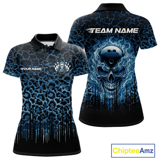 Personalized Blue Fire Skull Bowling Polo Shirt & Quarter Zip With Custom Team Name For Women NHT1625