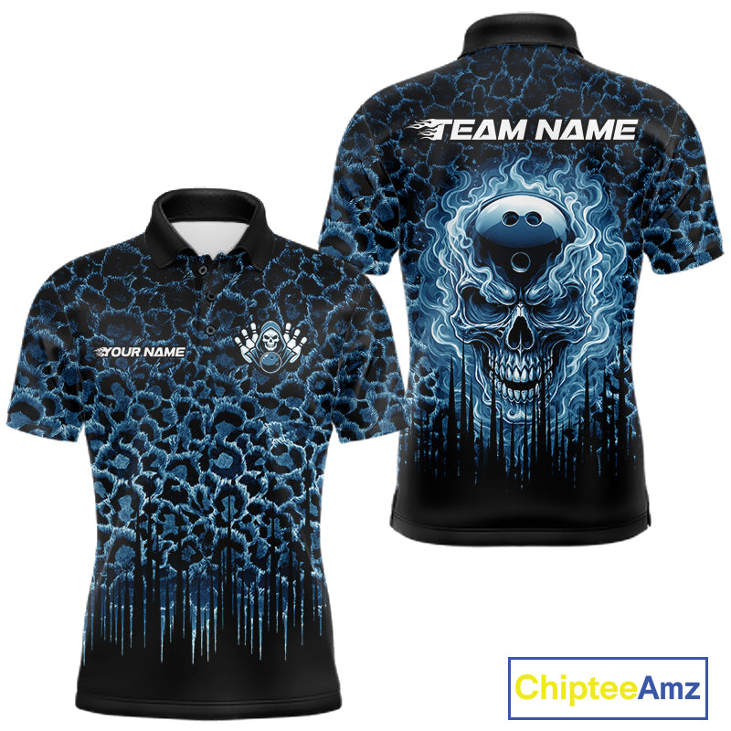 Personalized Blue Fire Skull Bowling Polo Shirt & Quarter Zip With Custom Team Name For Men NHT1625
