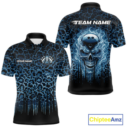 Personalized Blue Fire Skull Bowling Polo Shirt & Quarter Zip With Custom Team Name For Men NHT1625