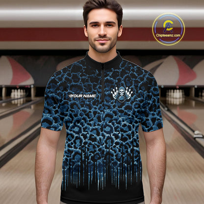 Personalized Blue Fire Skull Bowling Polo Shirt & Quarter Zip With Custom Team Name For Men NHT1625
