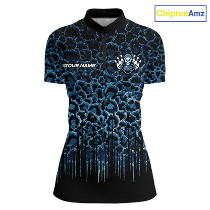Personalized Blue Fire Skull Bowling Polo Shirt & Quarter Zip With Custom Team Name For Women NHT1625