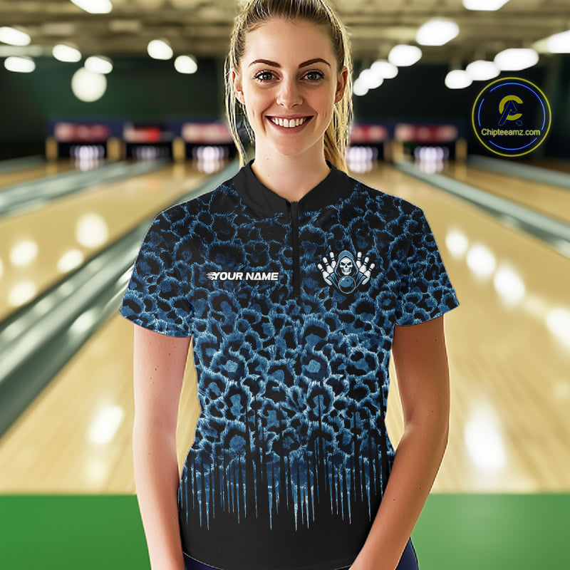 Personalized Blue Fire Skull Bowling Polo Shirt & Quarter Zip With Custom Team Name For Women NHT1625
