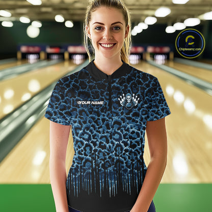 Personalized Blue Fire Skull Bowling Polo Shirt & Quarter Zip With Custom Team Name For Women NHT1625
