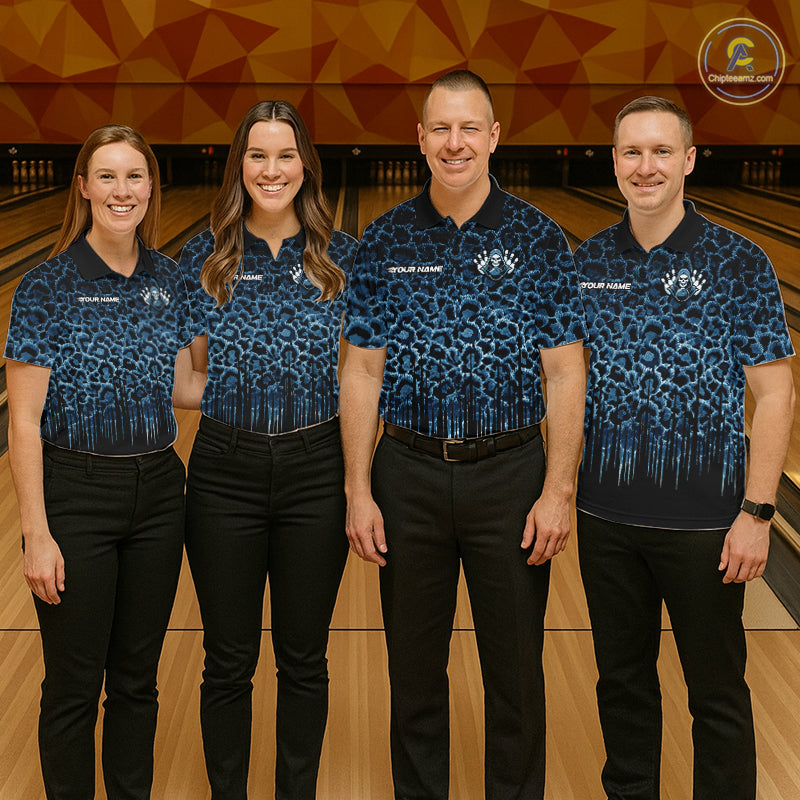 Personalized Blue Fire Skull Bowling Polo Shirt & Quarter Zip With Custom Team Name For Women NHT1625