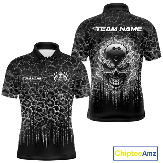 Personalized Black Fire Skull Bowling Polo Shirt & Quarter Zip With Custom Team Name For Men NHT1626