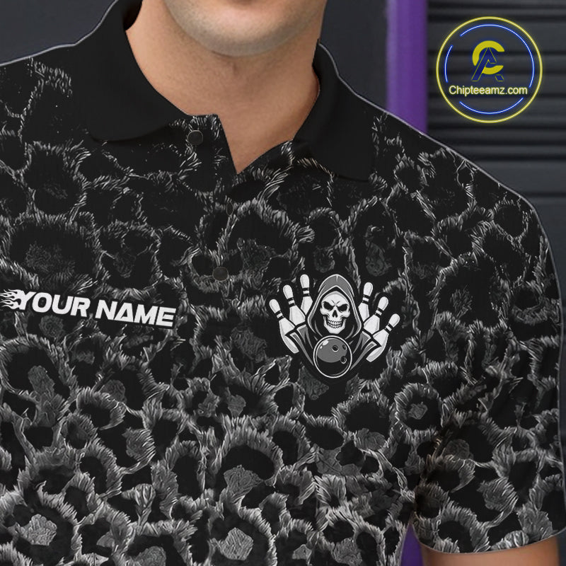 Personalized Black Fire Skull Bowling Polo Shirt & Quarter Zip With Custom Team Name For Men NHT1626