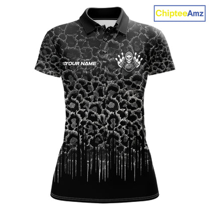 Personalized Black Fire Skull Bowling Polo Shirt & Quarter Zip With Custom Team Name For Women NHT1626