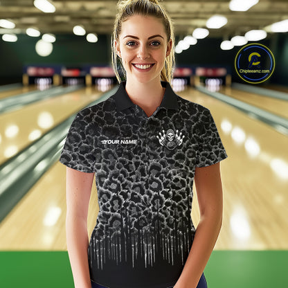Personalized Black Fire Skull Bowling Polo Shirt & Quarter Zip With Custom Team Name For Women NHT1626