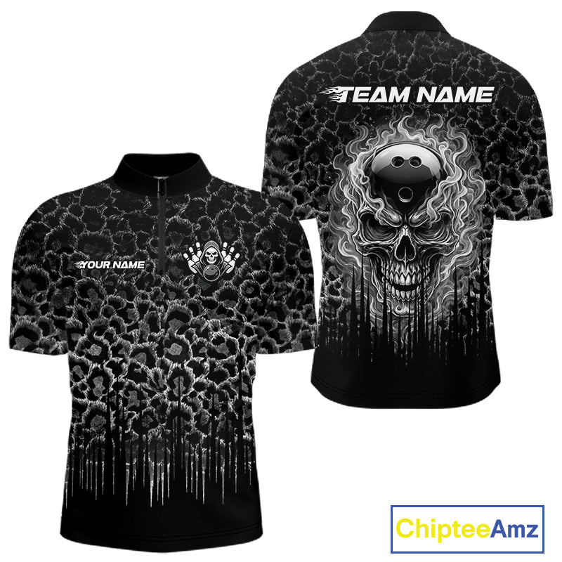 Personalized Black Fire Skull Bowling Polo Shirt & Quarter Zip With Custom Team Name For Men NHT1626