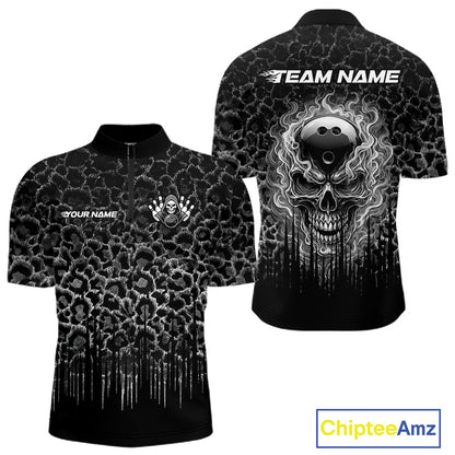 Personalized Black Fire Skull Bowling Polo Shirt & Quarter Zip With Custom Team Name For Men NHT1626