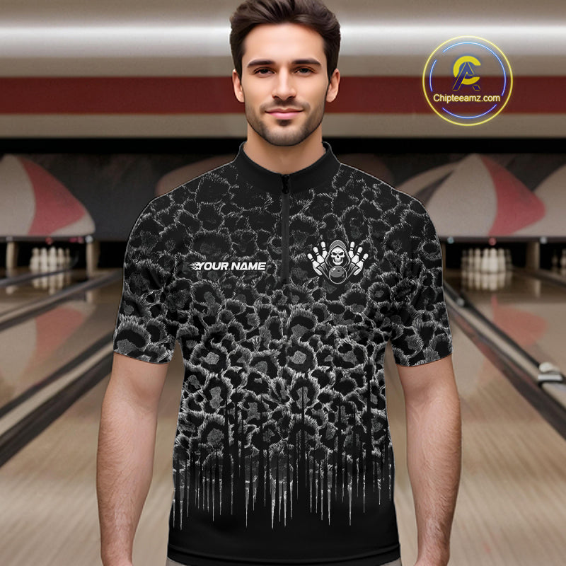 Personalized Black Fire Skull Bowling Polo Shirt & Quarter Zip With Custom Team Name For Men NHT1626