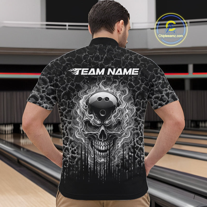 Personalized Black Fire Skull Bowling Polo Shirt & Quarter Zip With Custom Team Name For Men NHT1626