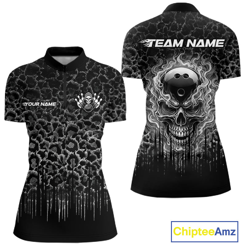Personalized Black Fire Skull Bowling Polo Shirt & Quarter Zip With Custom Team Name For Women NHT1626