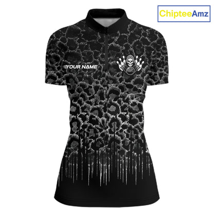 Personalized Black Fire Skull Bowling Polo Shirt & Quarter Zip With Custom Team Name For Women NHT1626