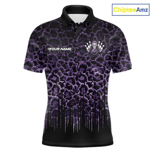 Personalized Purple Fire Skull Bowling Polo Shirt & Quarter Zip With Custom Team Name For Men NHT1627