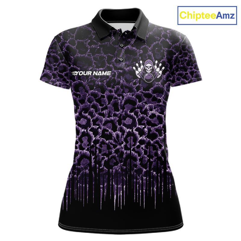 Personalized Purple Fire Skull Bowling Polo Shirt & Quarter Zip With Custom Team Name For Women NHT1627